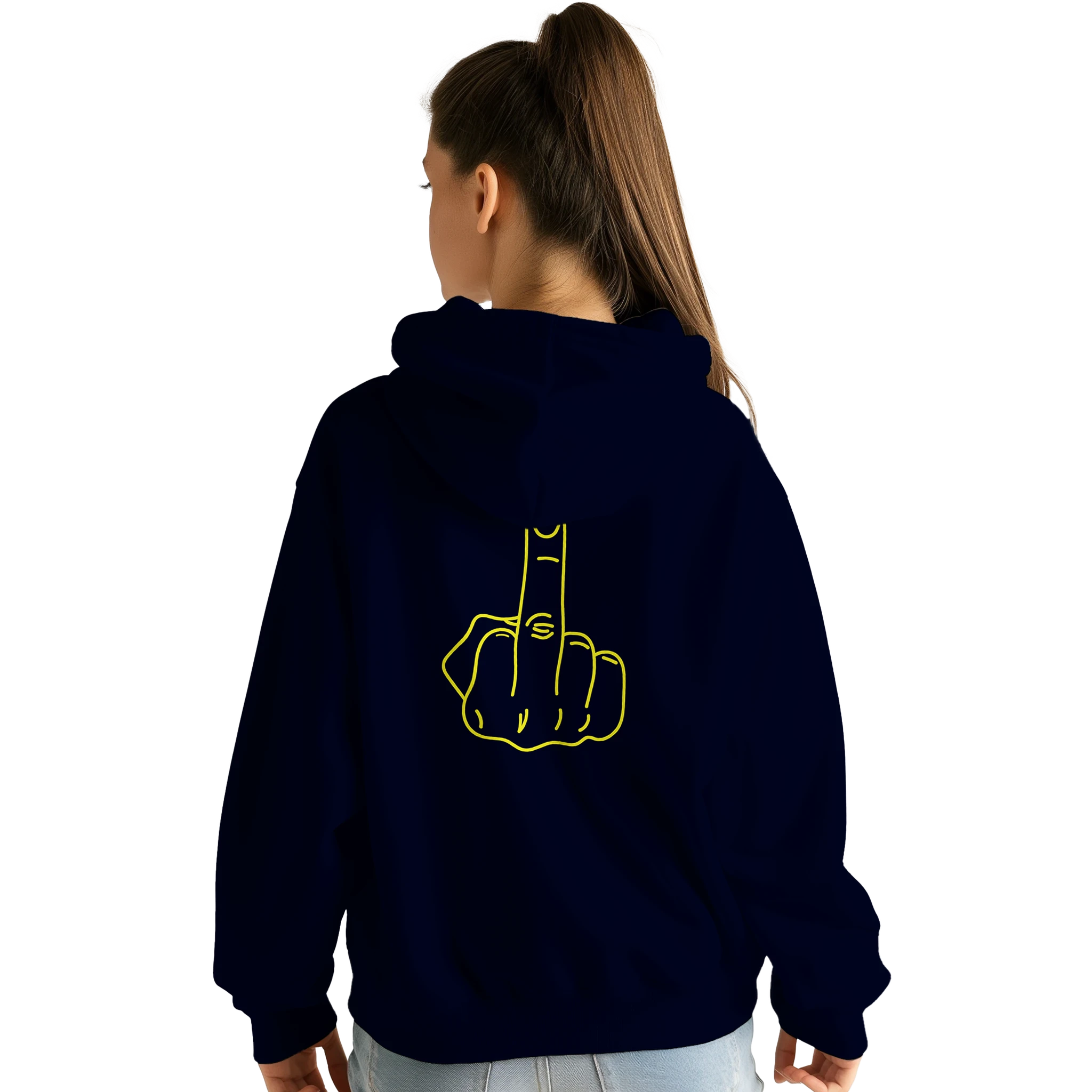 DICKIES HOODIE MIDDLE FINGER ADULT NOVELTY HOODIE NAVY FRONT FEMALE DETAIL