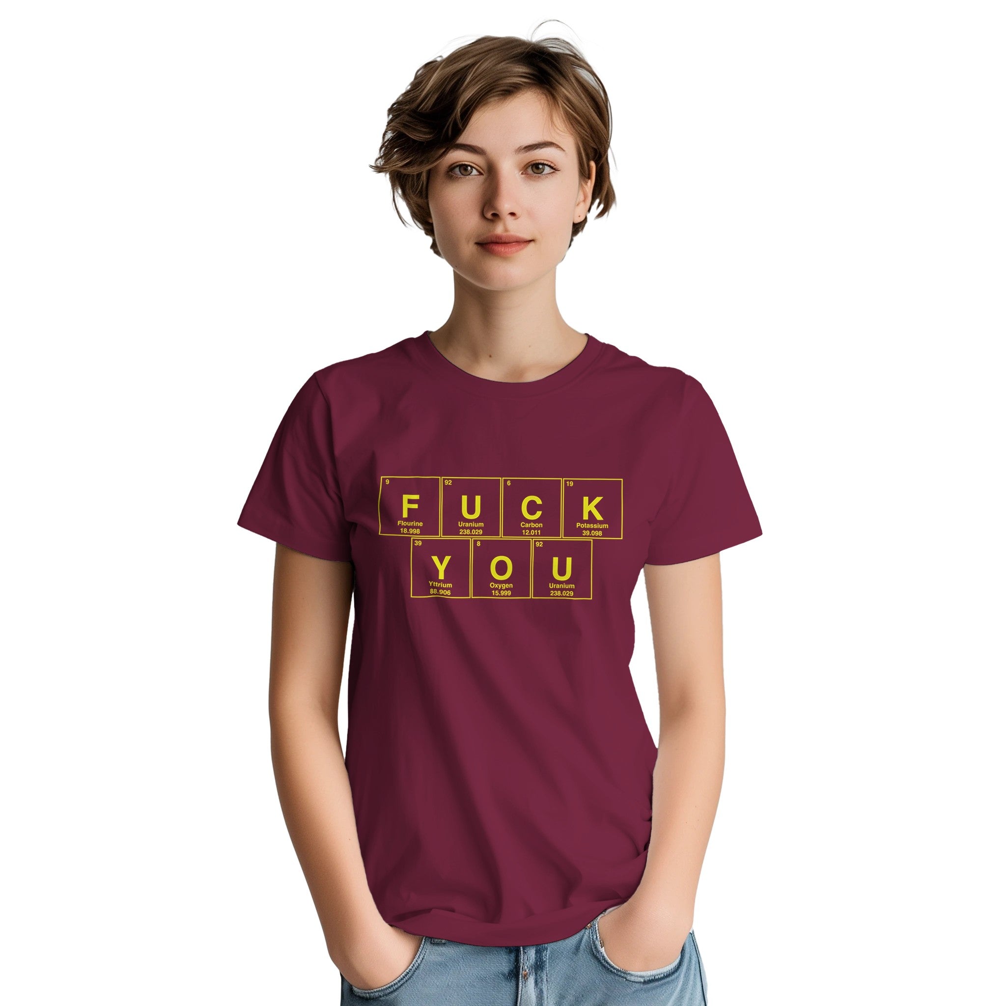 FUCK YOU periodic table adult novelty tshirt burgundy