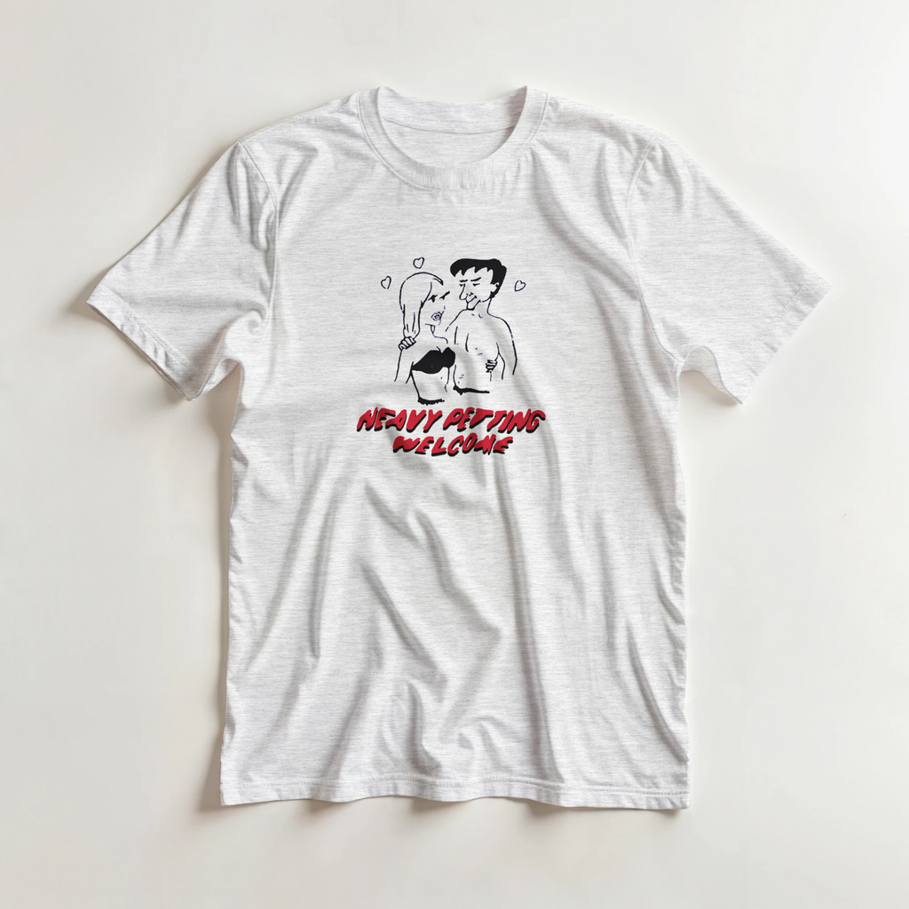 HEAVY PETTING WELCOME! ADULT NOVELTY TSHIRT ASH GREY FLAT
