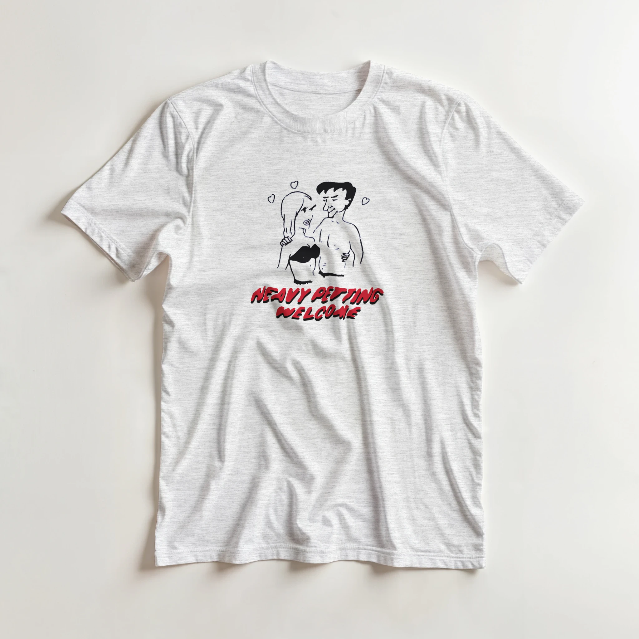 HEAVY PETTING WELCOME! ADULT NOVELTY TSHIRT ASH GREY FLAT