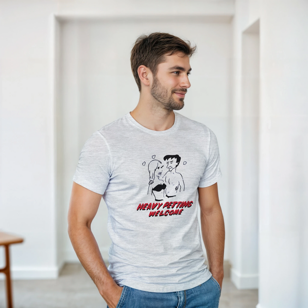HEAVY PETTING WELCOME! ADULT NOVELTY TSHIRT ASH GREY MAN LOOKING LEFT