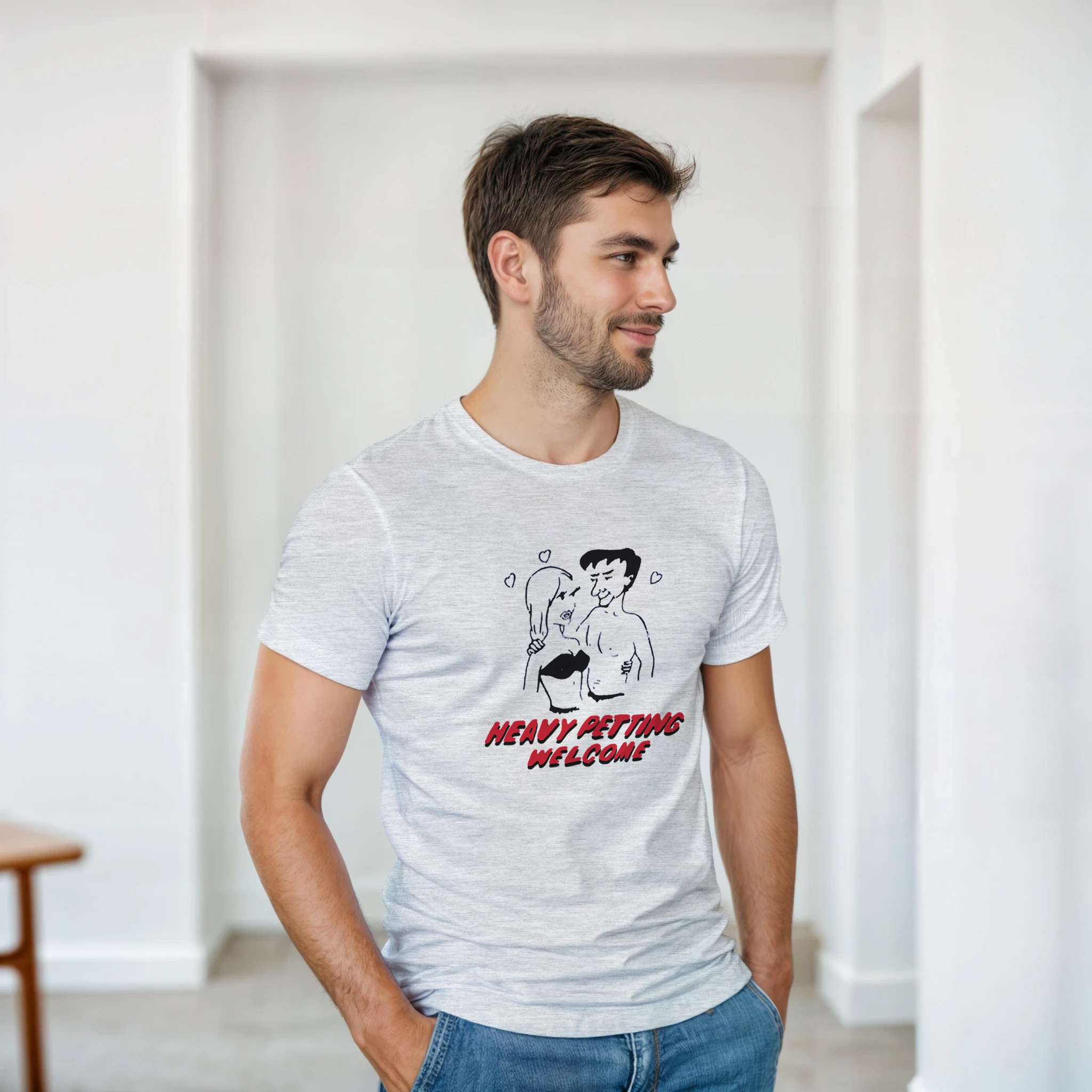 HEAVY PETTING WELCOME! ADULT NOVELTY TSHIRT ASH GREY MAN LOOKING LEFT