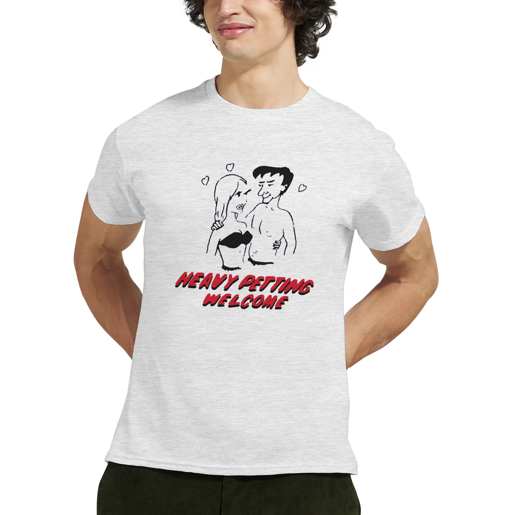HEAVY PETTING WELCOME! ADULT NOVELTY TSHIRT ASH GREY MAN SMILING