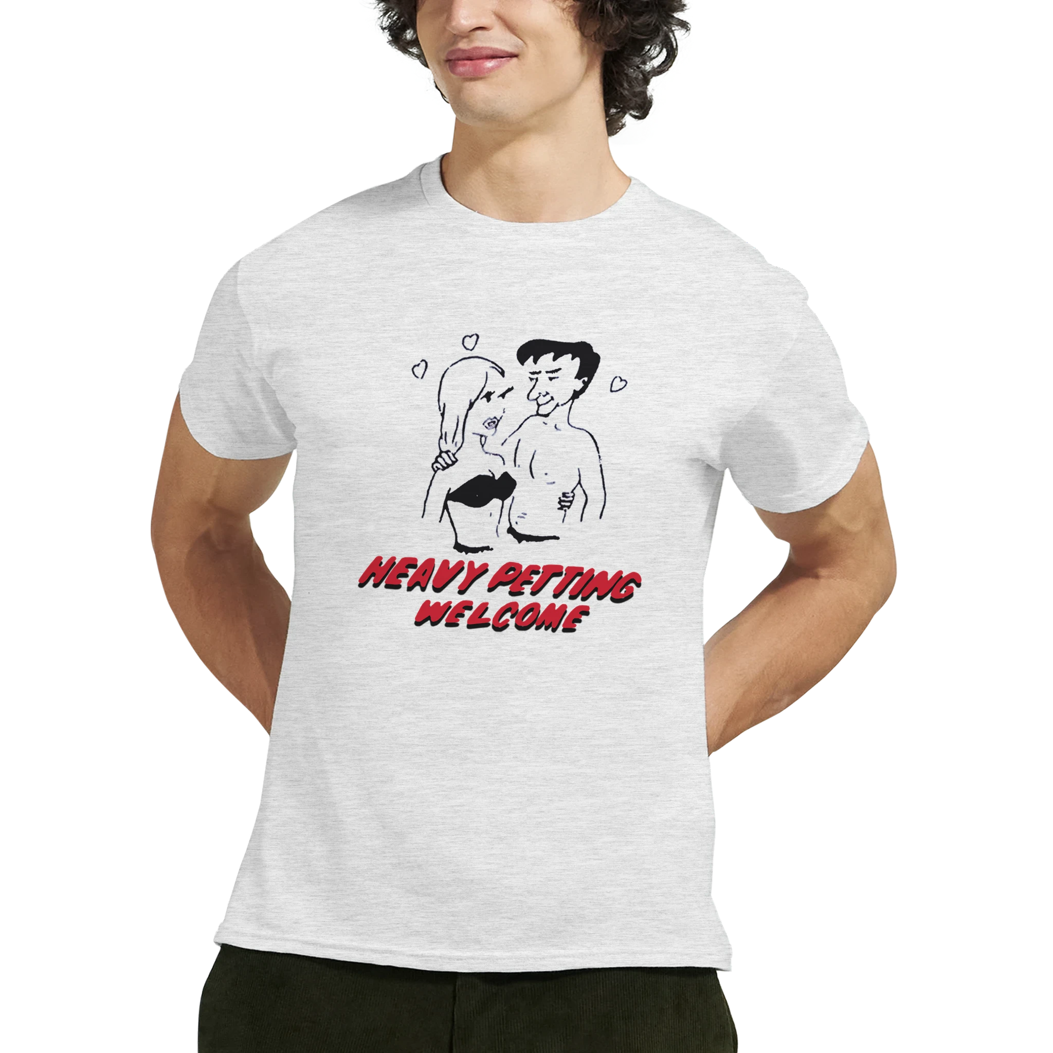 HEAVY PETTING WELCOME! ADULT NOVELTY TSHIRT ASH GREY MAN SMILING