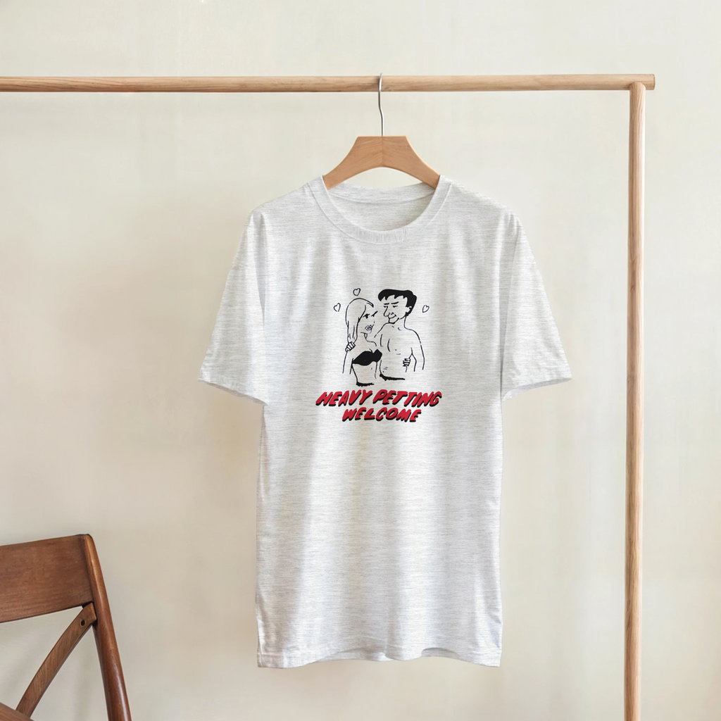 HEAVY PETTING WELCOME! ADULT NOVELTY TSHIRT ASH GREY ON HANGER