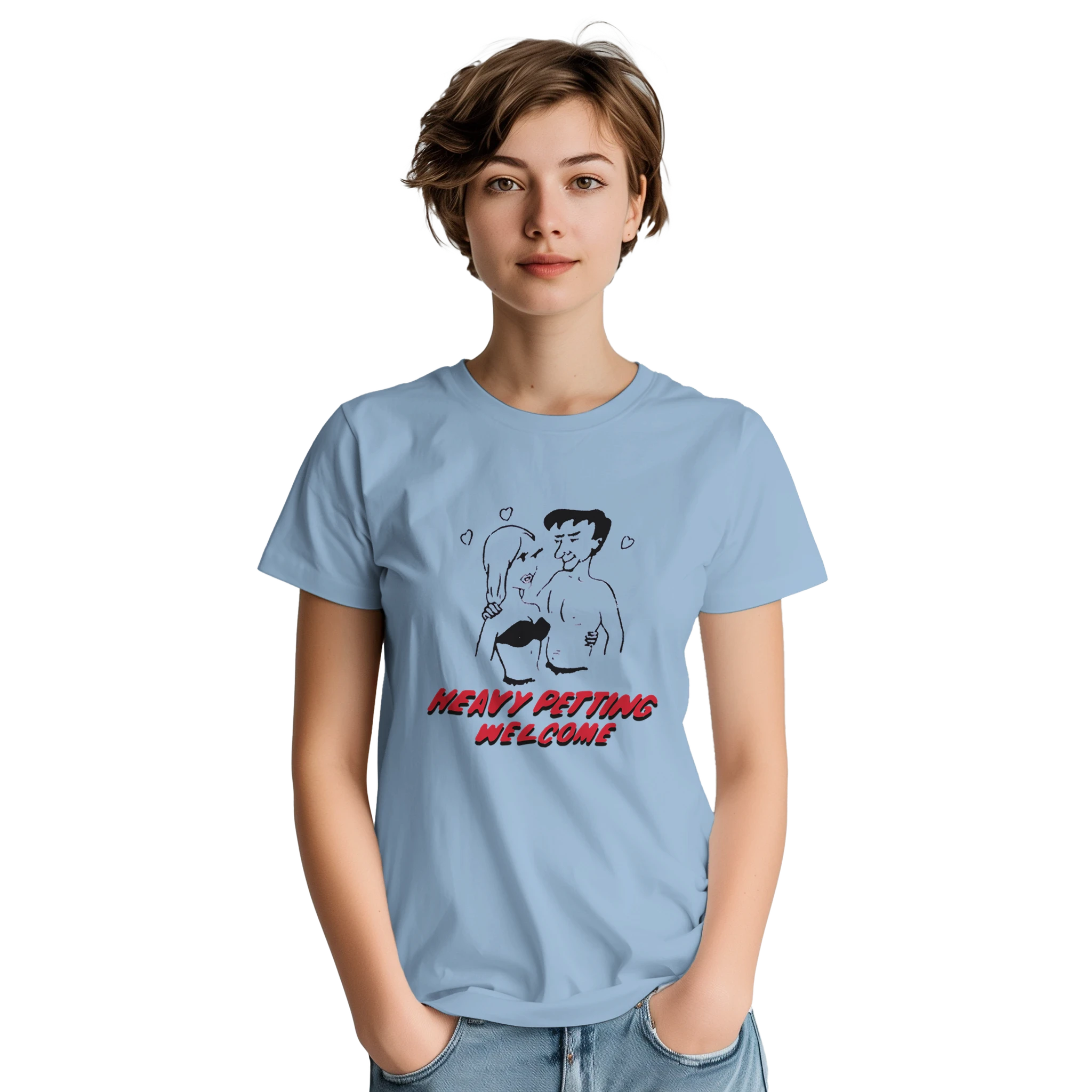 HEAVY PETTING WELCOME! ADULT NOVELTY TSHIRT LIGHT BLUE