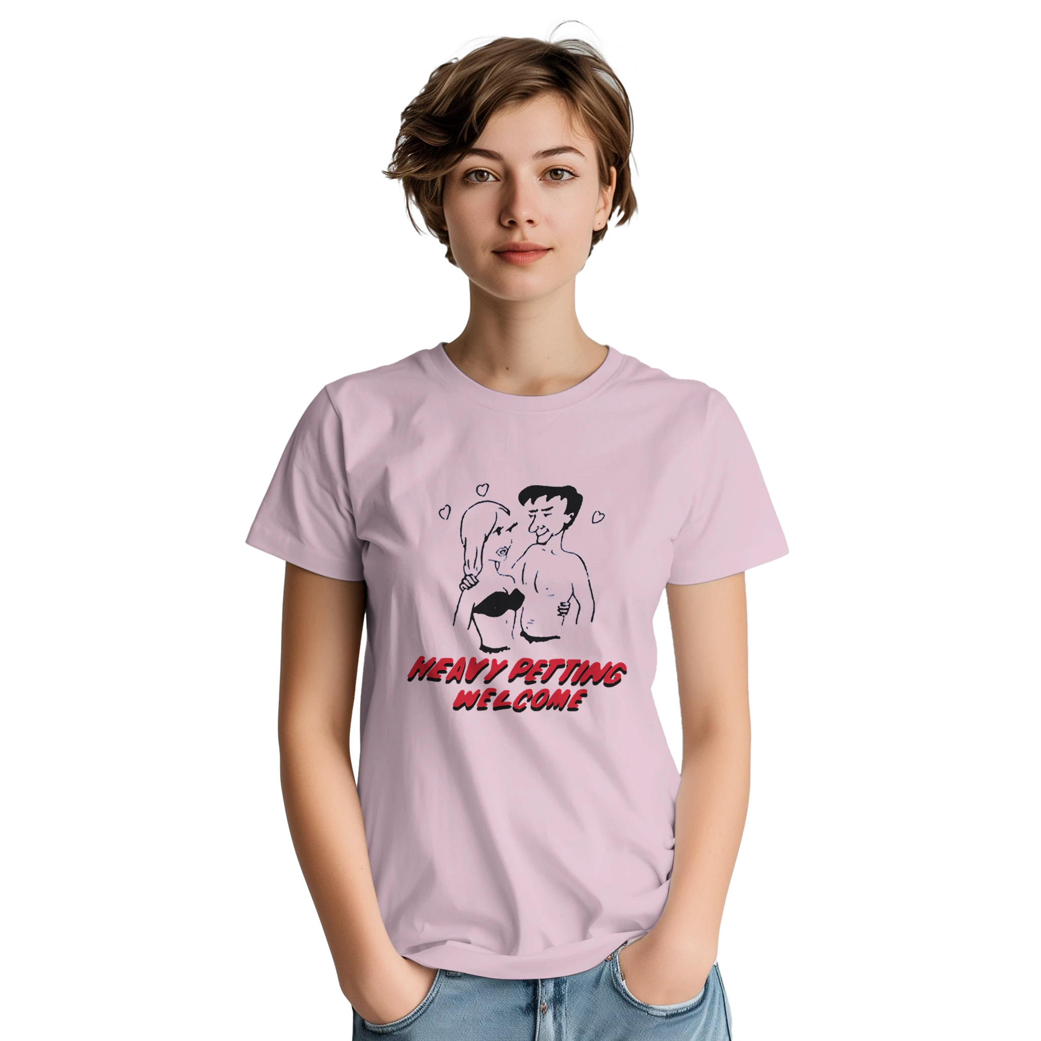 HEAVY PETTING WELCOME! ADULT NOVELTY TSHIRT LIGHT PINK