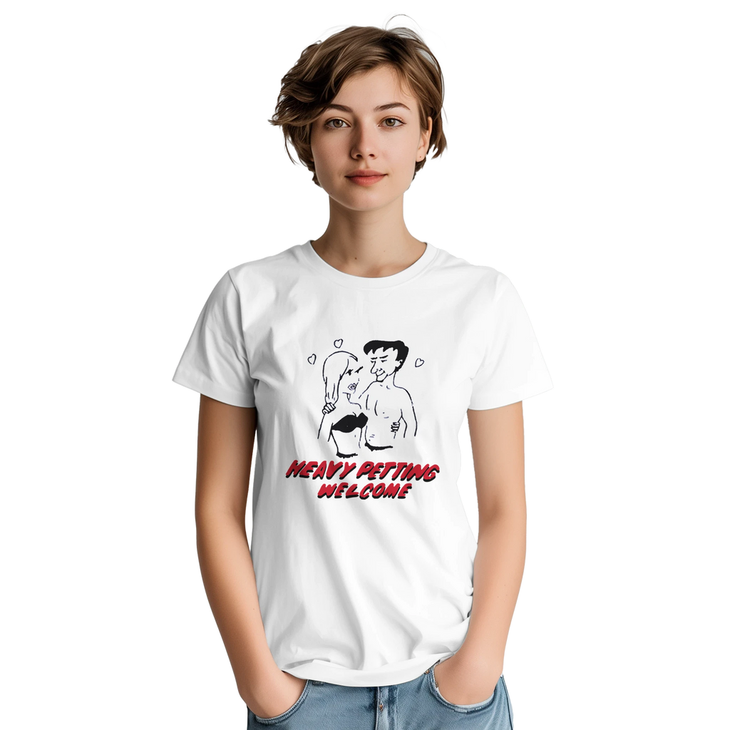 HEAVY PETTING WELCOME! ADULT NOVELTY TSHIRT WHITE
