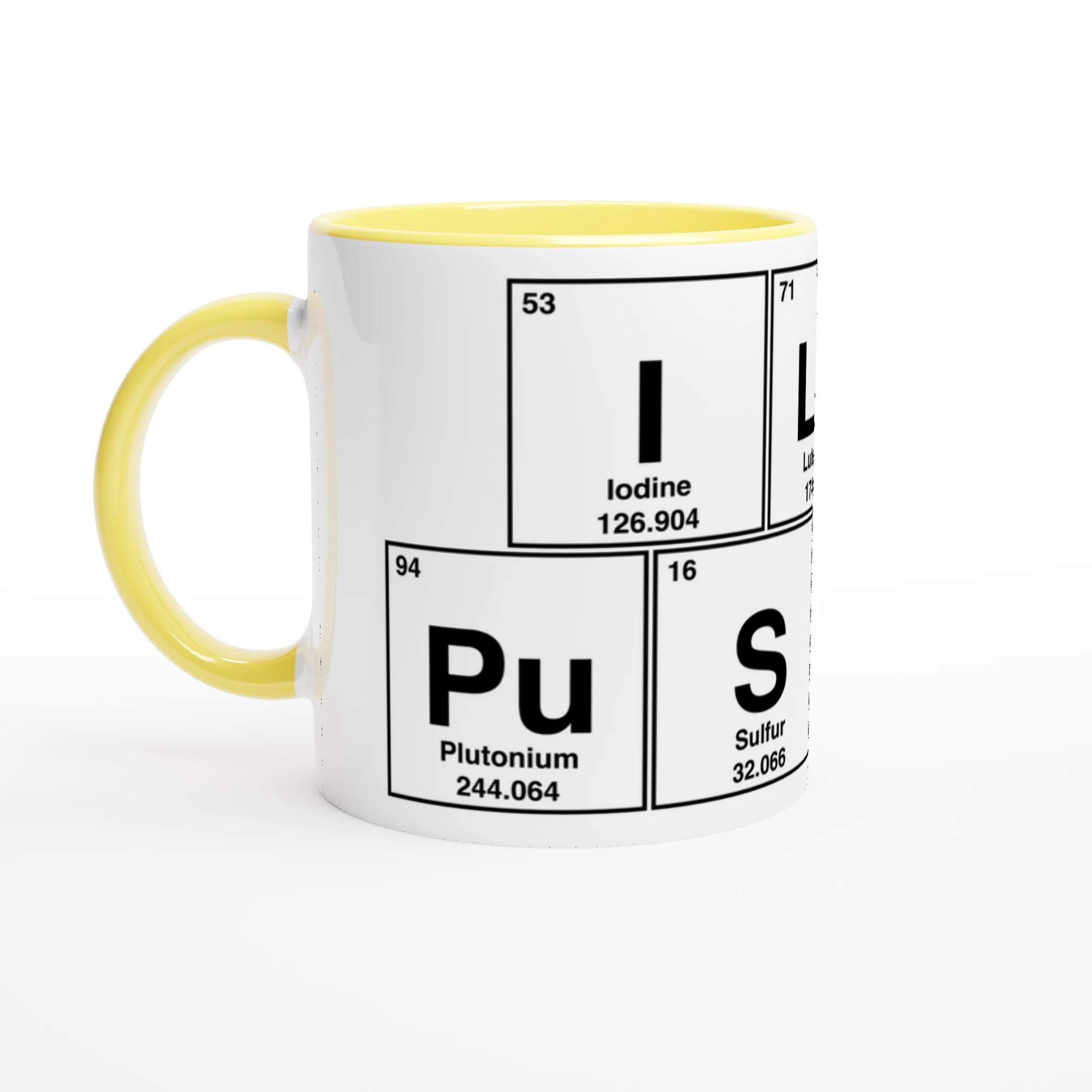 I LuV PuSSY periodic table cup mug adult novelty sex yellow