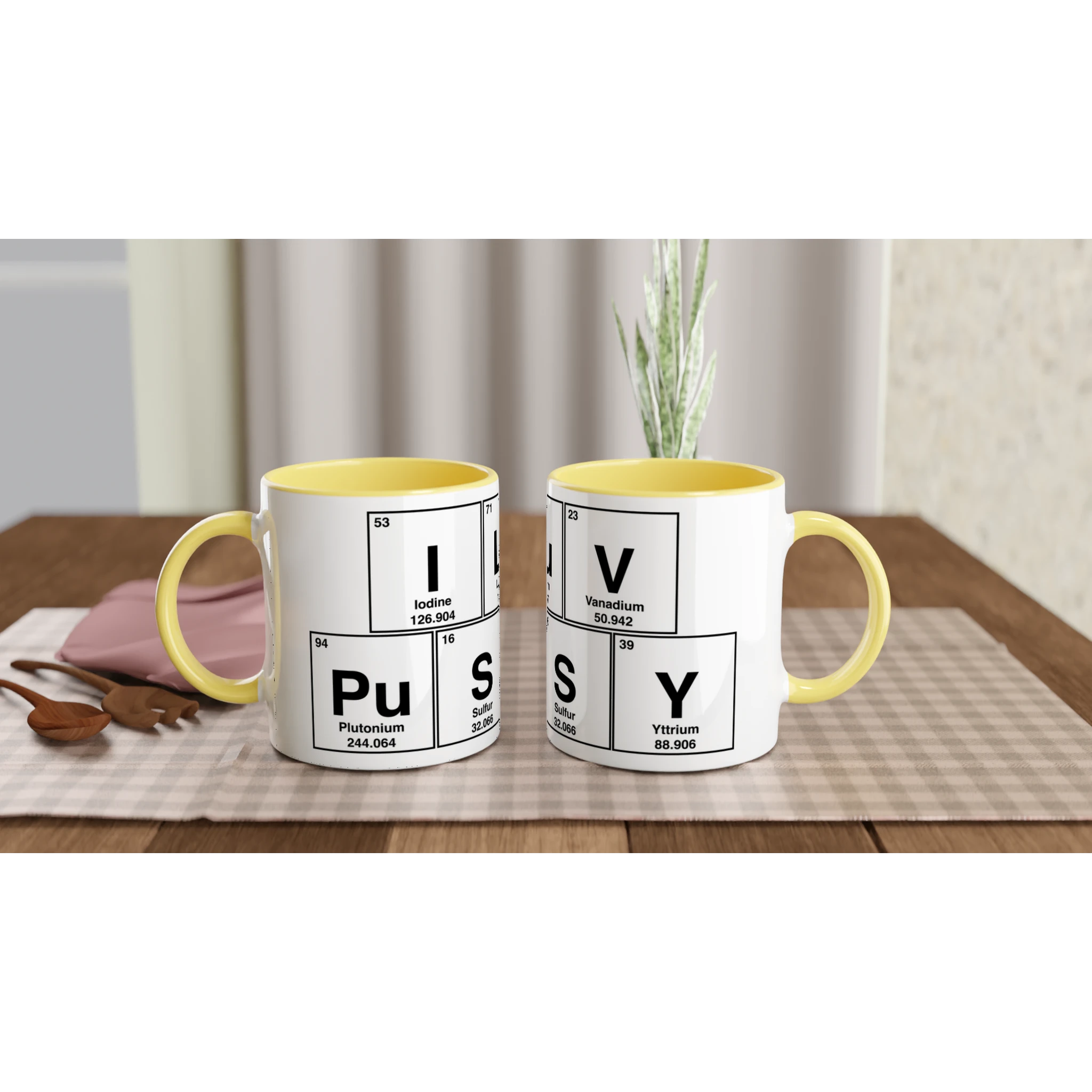 I LuV PuSSY periodic table cup mug adult novelty sex yellow pair
