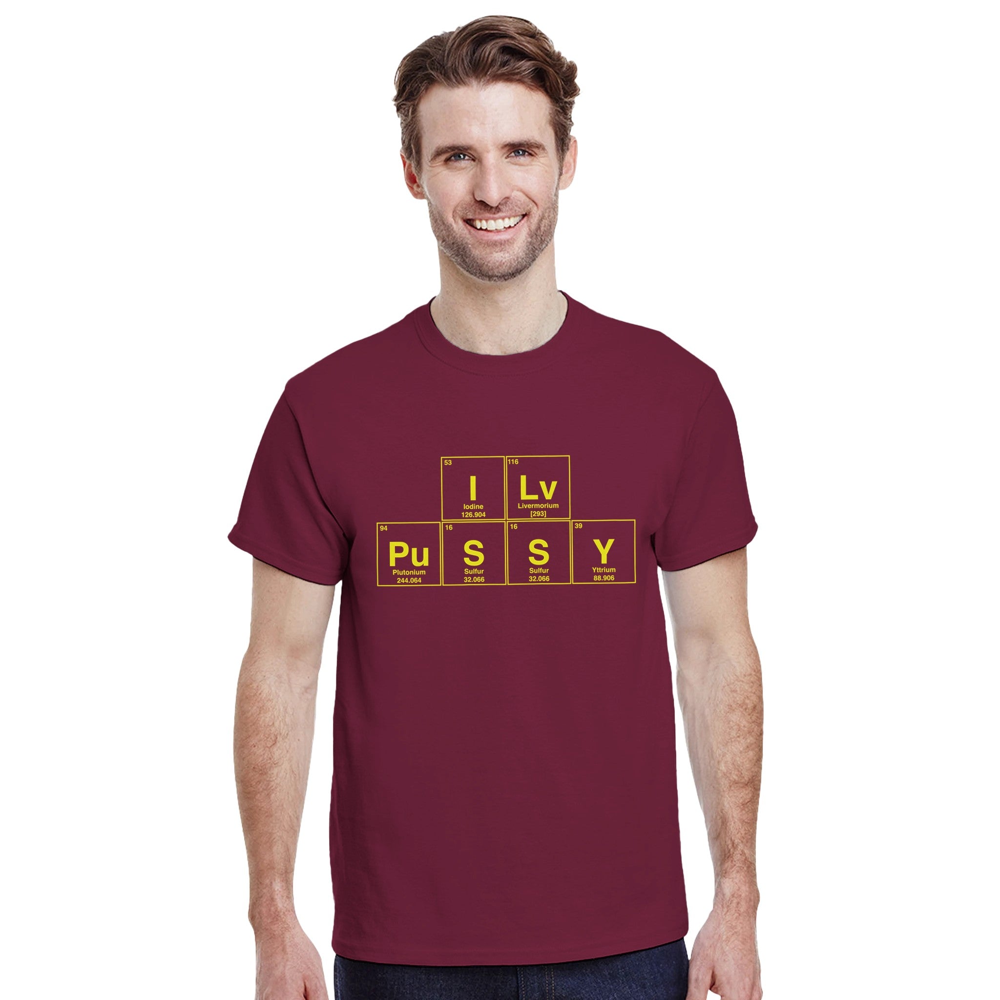 I Lv PuSSY periodic table adult novelty tshirt sex oral burgundy