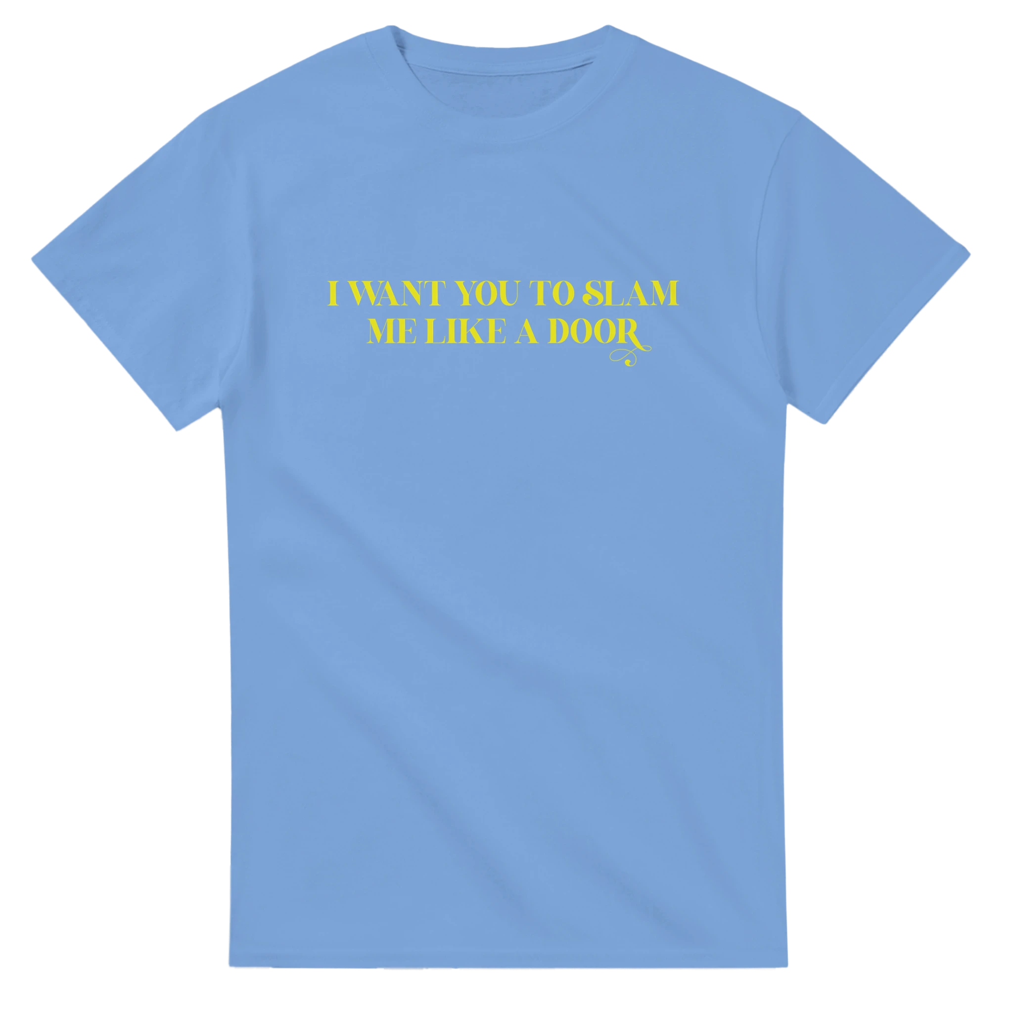 I WANT YOU TO SLAM ME LIKE A DOOR ADULT NOVELTY TSHIRT LIGHT BLUE