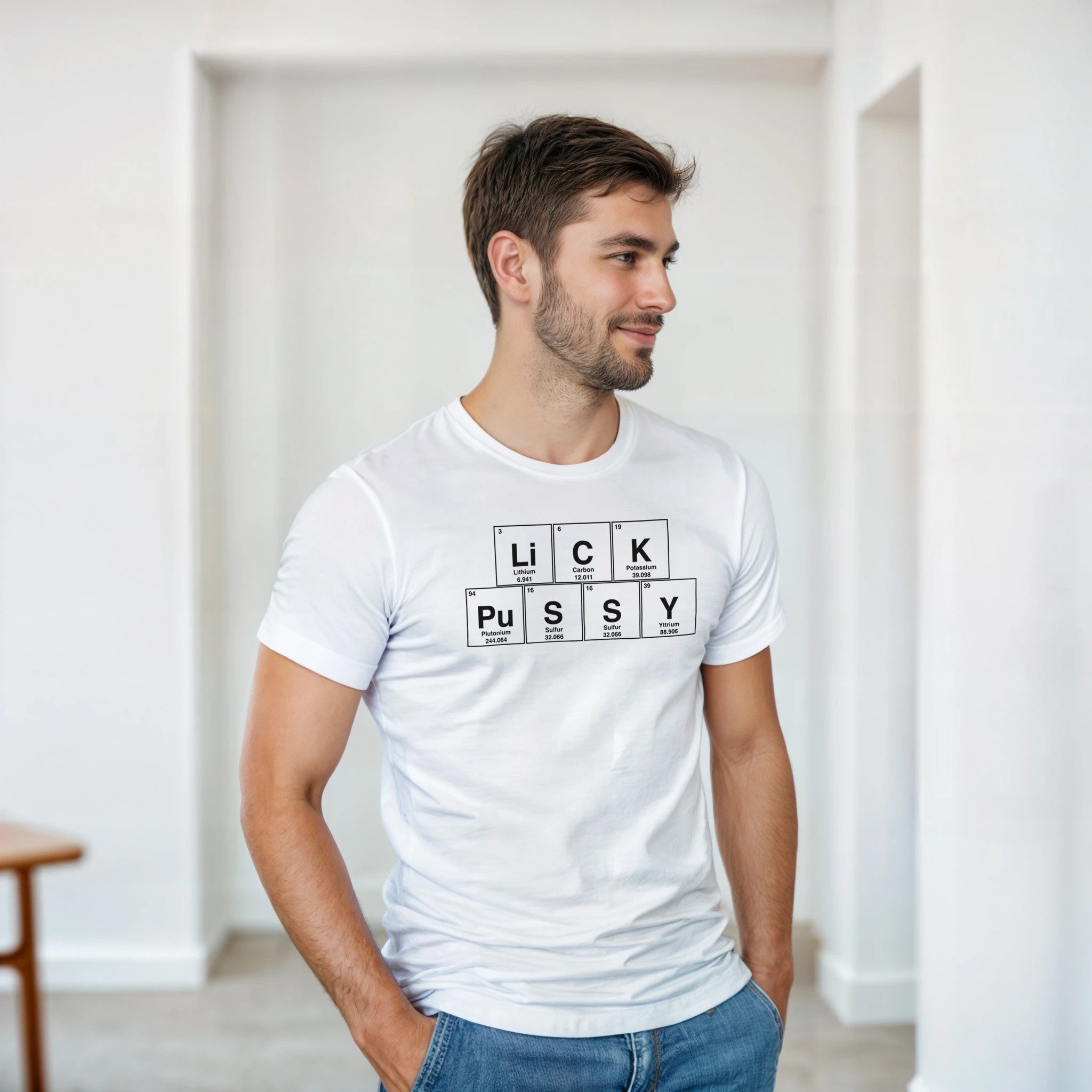 LiCK PuSSY periodic table adult novelty tshirt sex oral white
