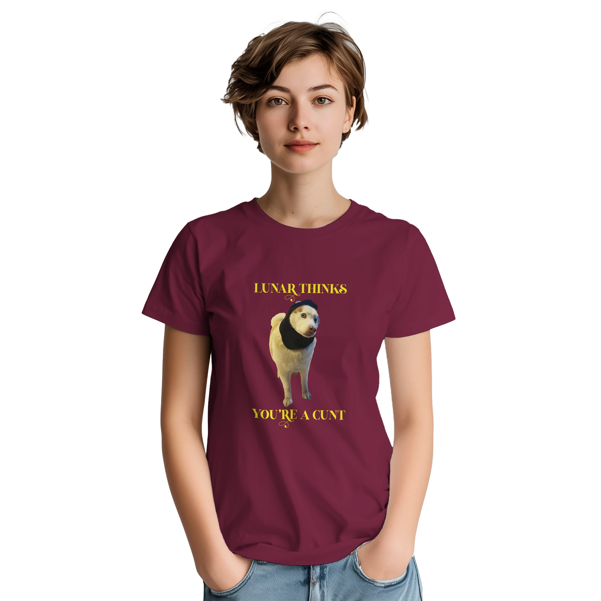 Lunar thinks you're a cunt novelty adult tshirt burgundy