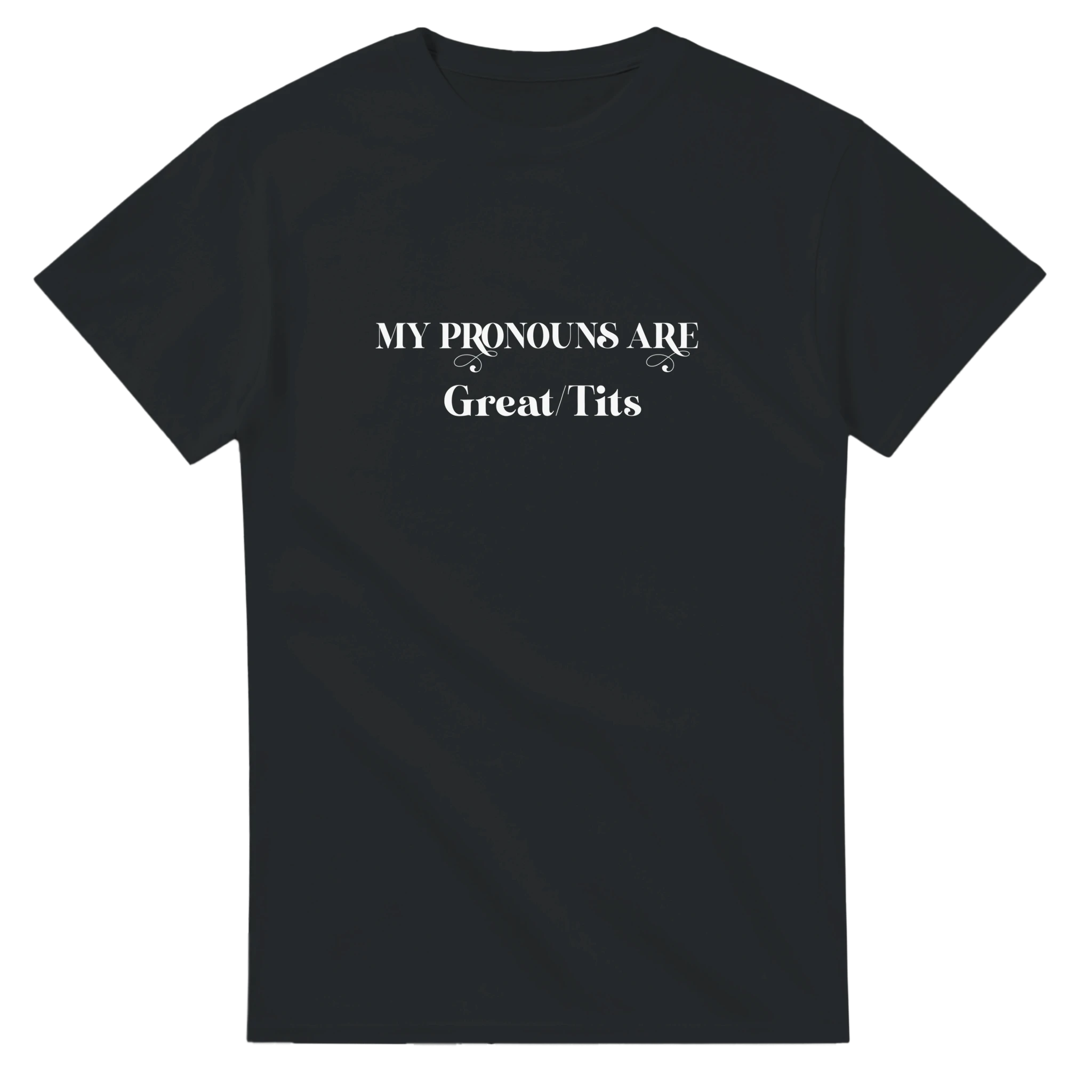 MY PRONOUNS ARE GREAT TITS ADULT NOVELTY TSHIRT BLACK