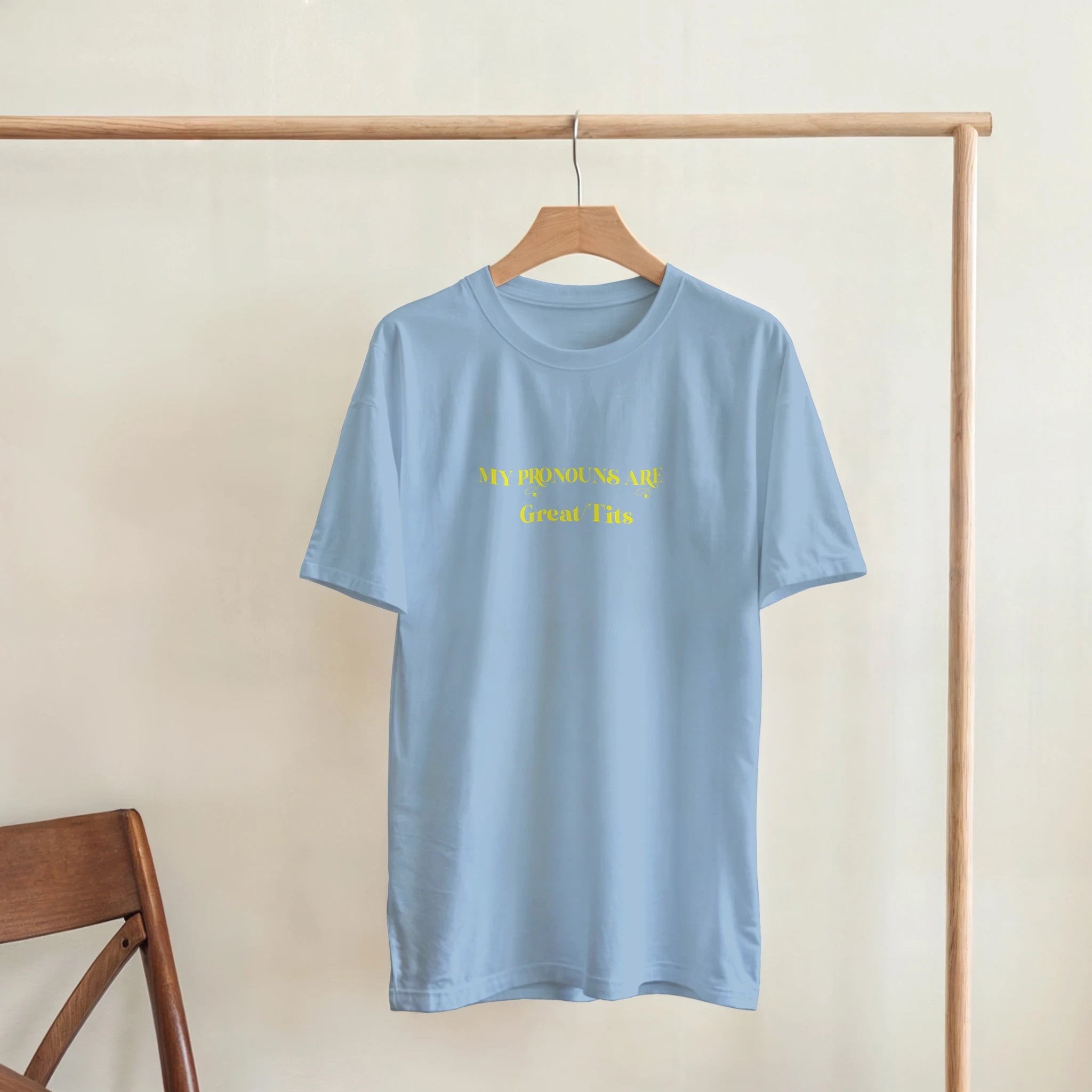 MY PRONOUNS ARE GREAT TITS ADULT NOVELTY TSHIRT LIGHT BLUE 2