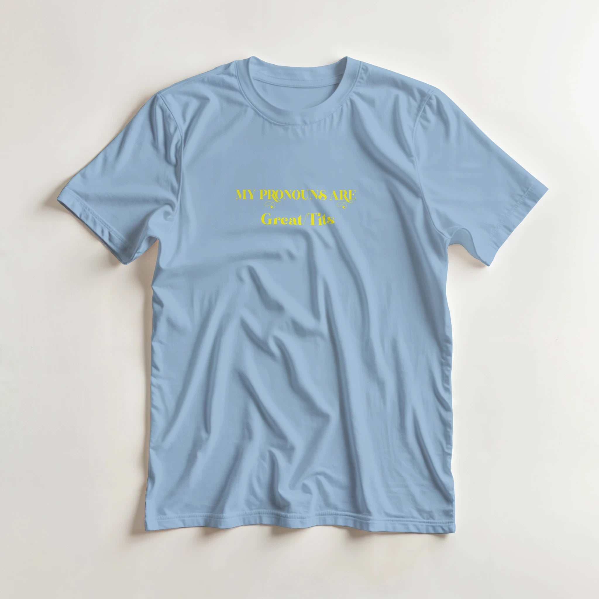 MY PRONOUNS ARE GREAT TITS ADULT NOVELTY TSHIRT LIGHT BLUE 5