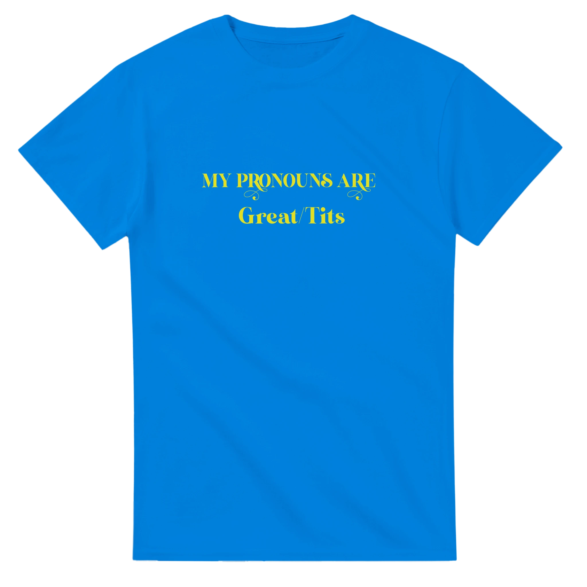 MY PRONOUNS ARE GREAT TITS ADULT NOVELTY TSHIRT ROYAL BLUE