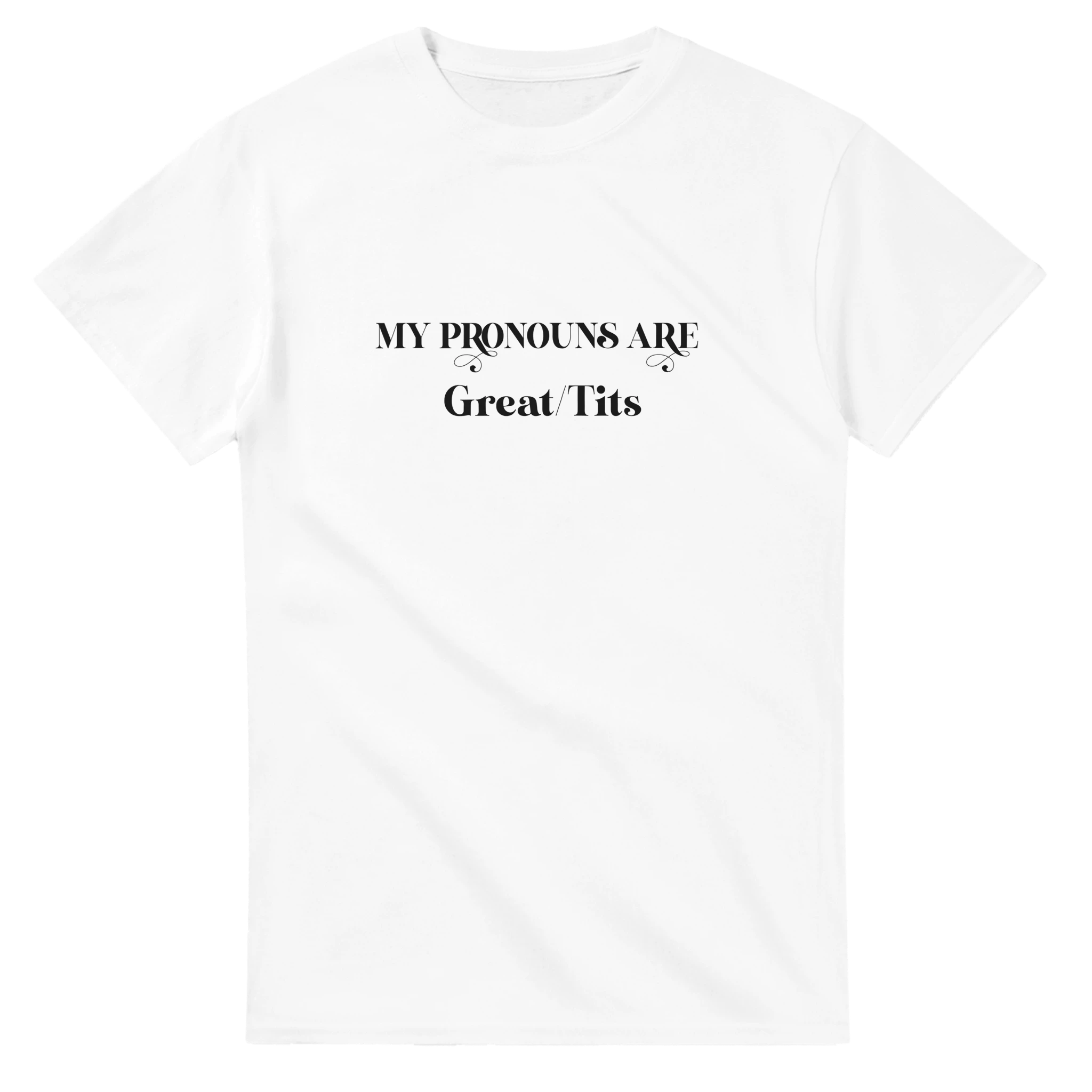 MY PRONOUNS ARE GREAT TITS ADULT NOVELTY TSHIRT WHITE