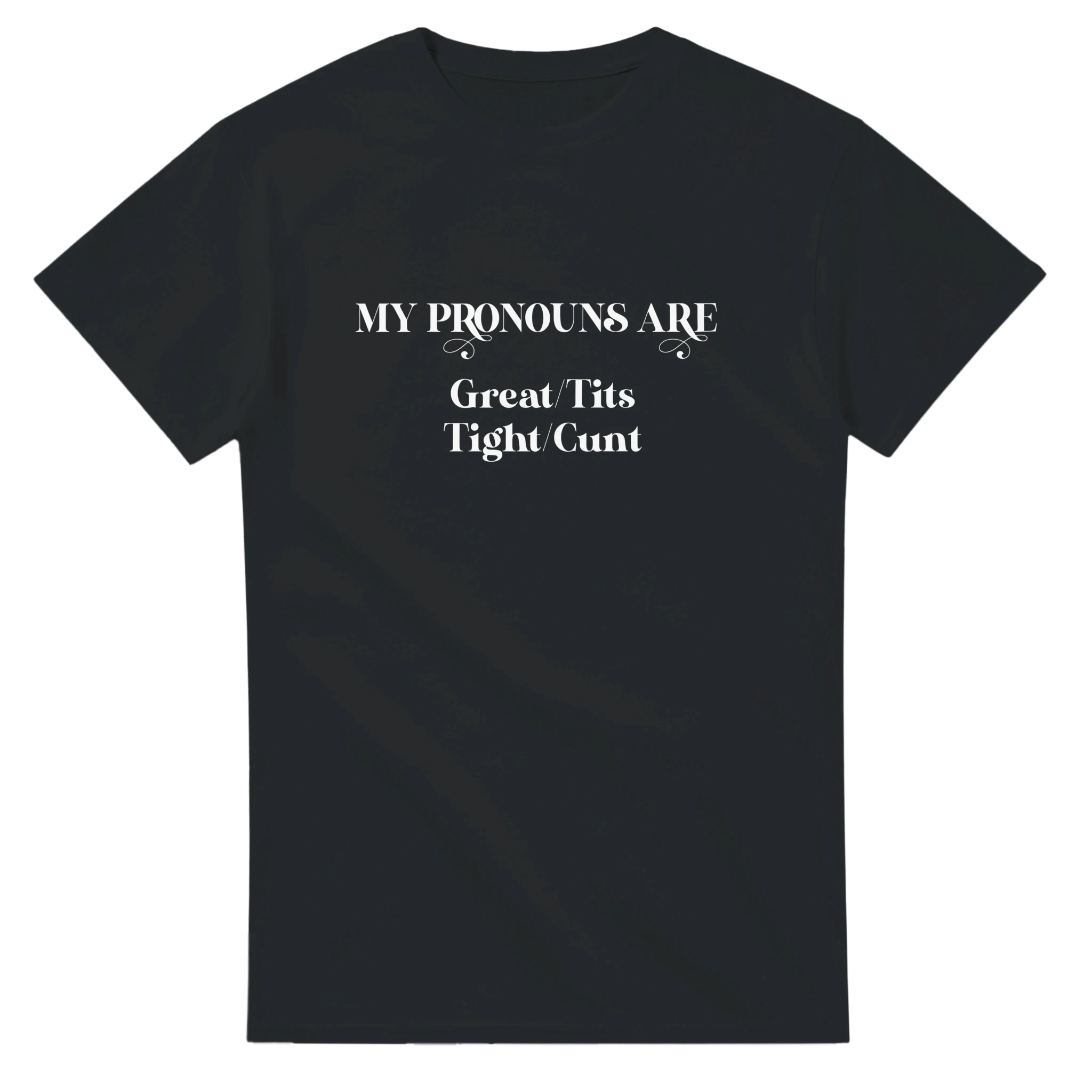 MY PRONOUNS ARE GREAT TITS TIGHT CUNT NOVELTY ADULT TSHIRT BLACK