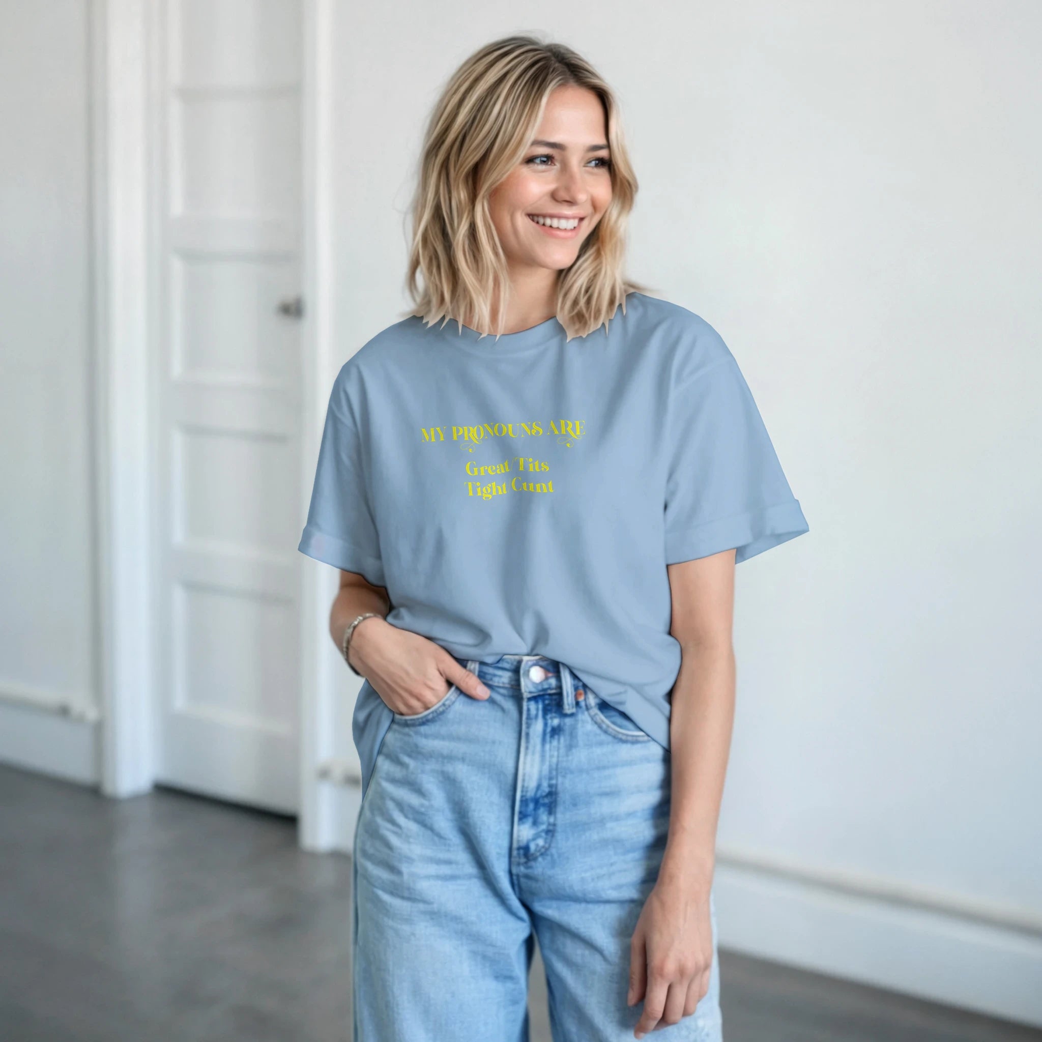 MY PRONOUNS ARE GREAT TITS TIGHT CUNT NOVELTY ADULT TSHIRT LIGHT BLUE 2