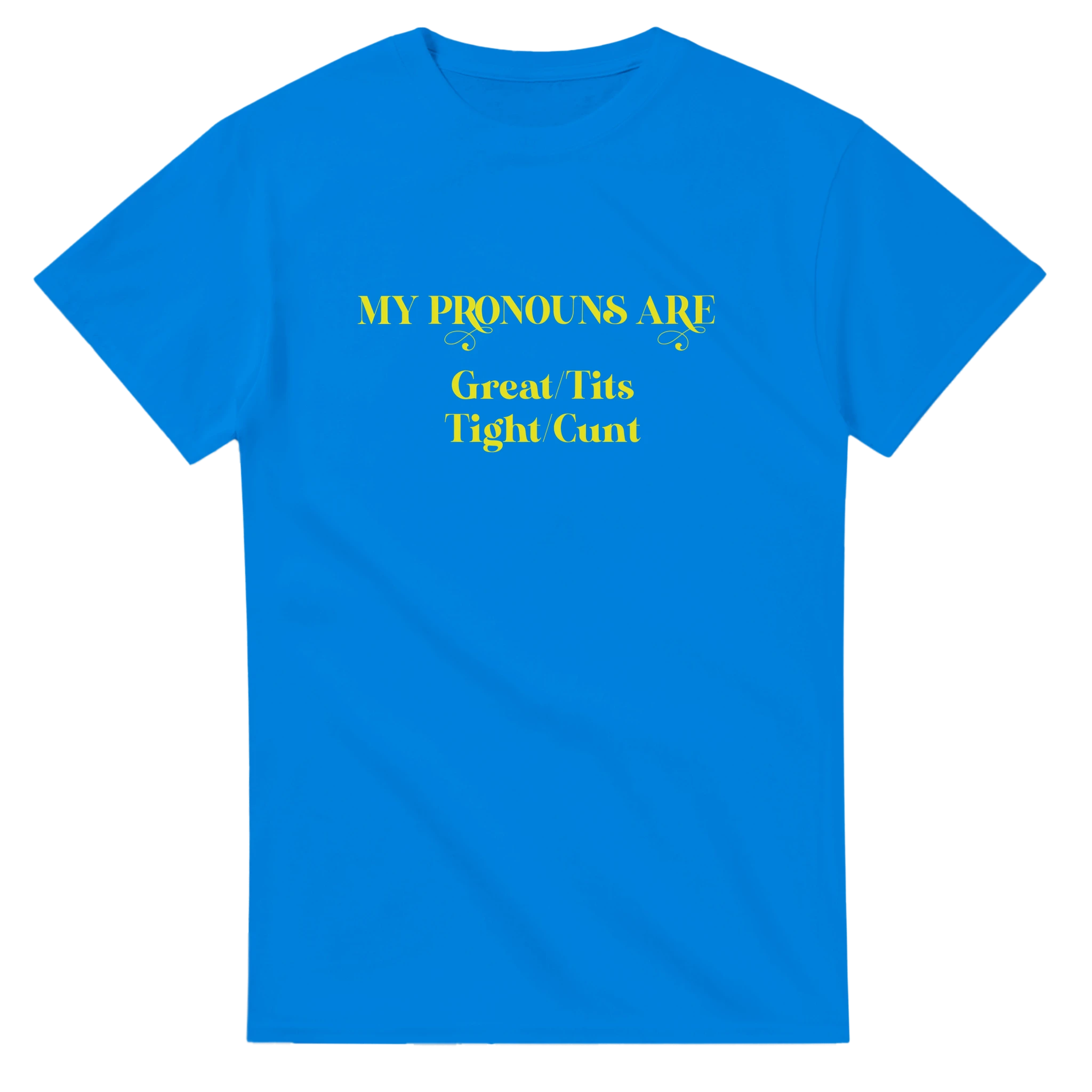 MY PRONOUNS ARE GREAT TITS TIGHT CUNT NOVELTY ADULT TSHIRT ROYAL BLUE