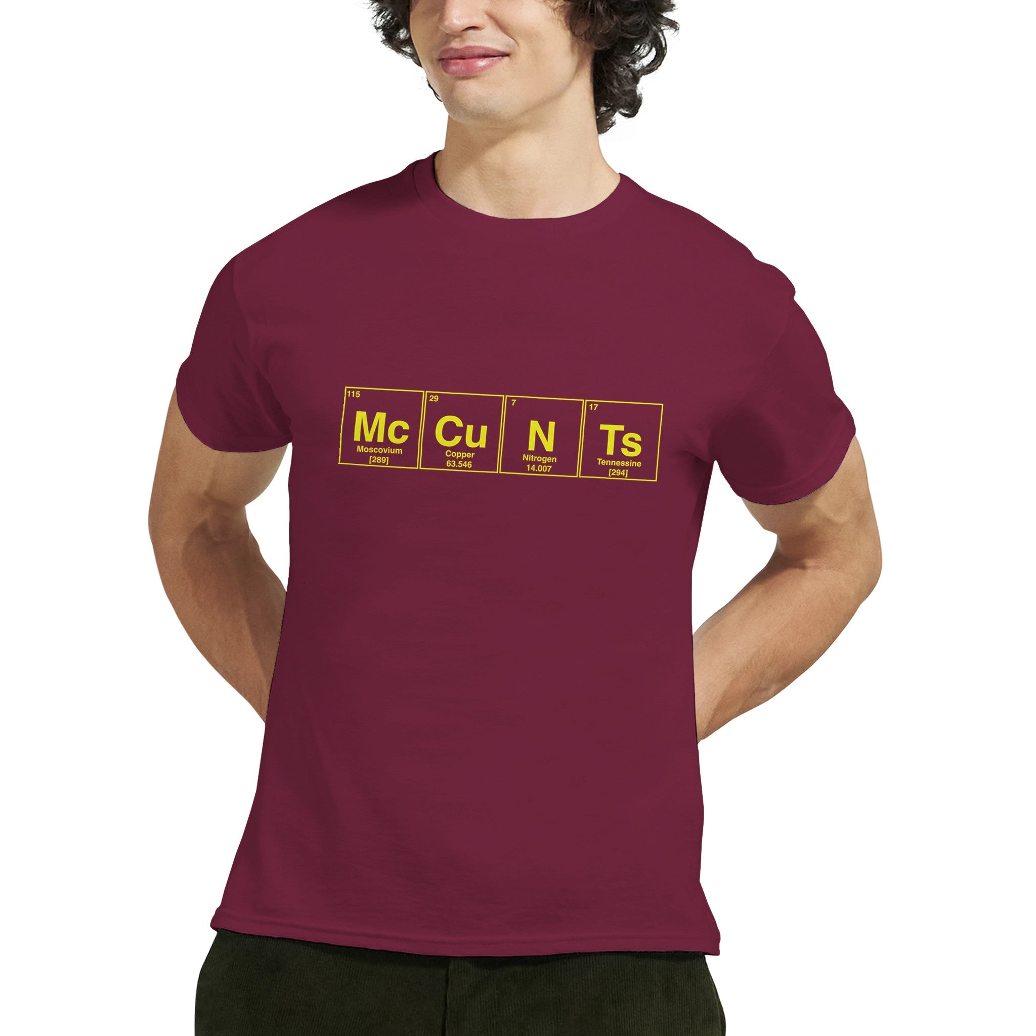 McCuNTs periodic table adult novelty tshirt burgundy