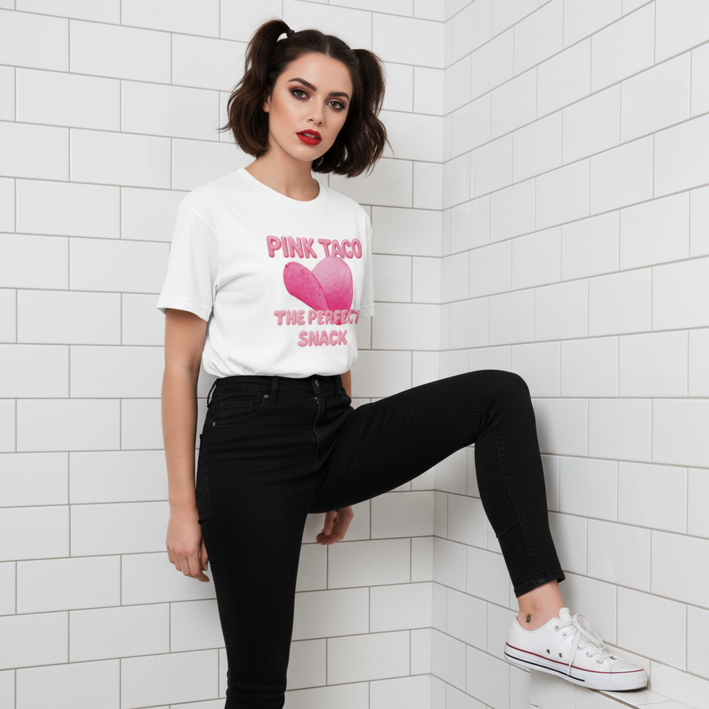 Woman wearing a white t-shirt with pink text and graphics, black pants, and white sneakers in a tiled room.