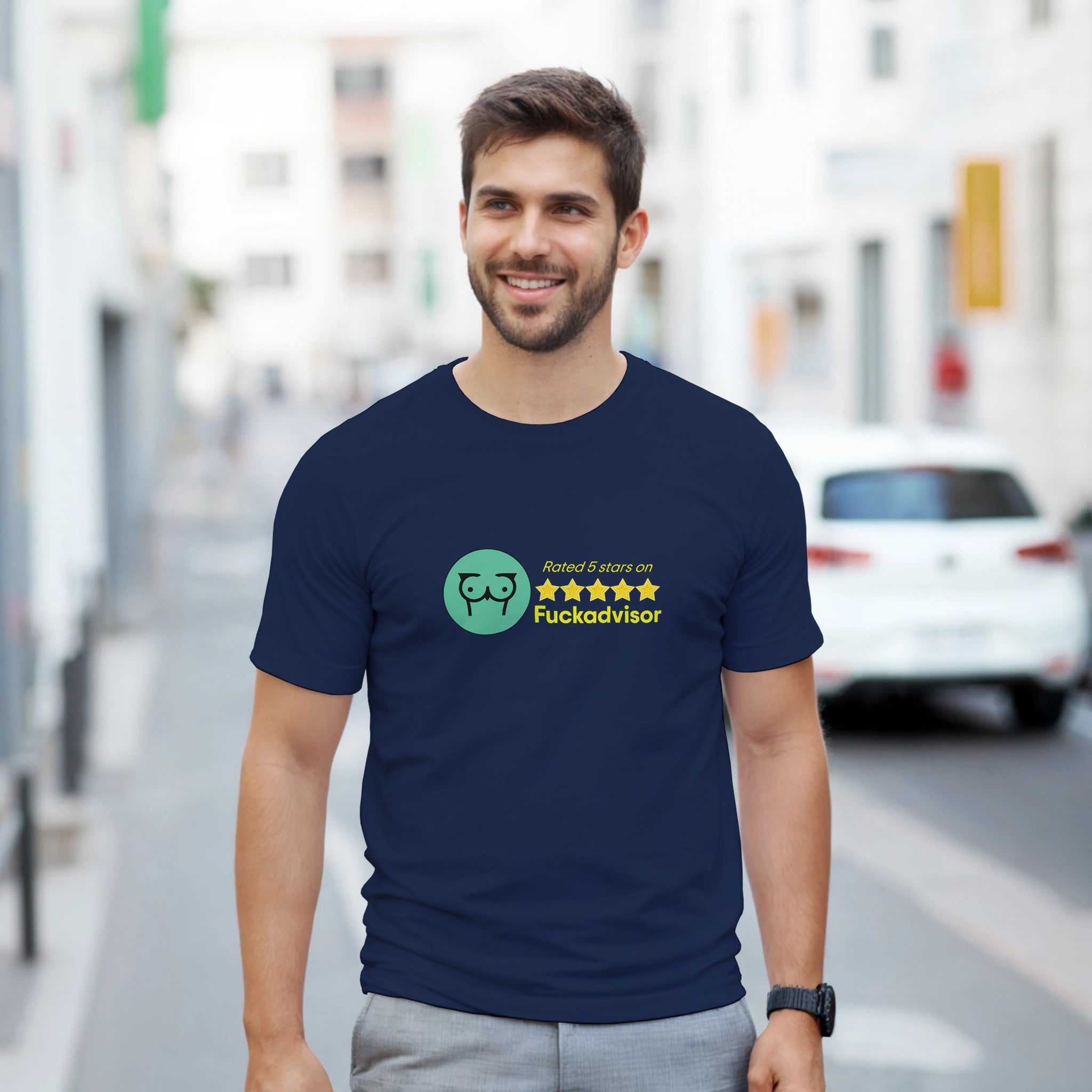 Rated 5 Stars On Fuckadvisor adult novelty tshirt navy blue