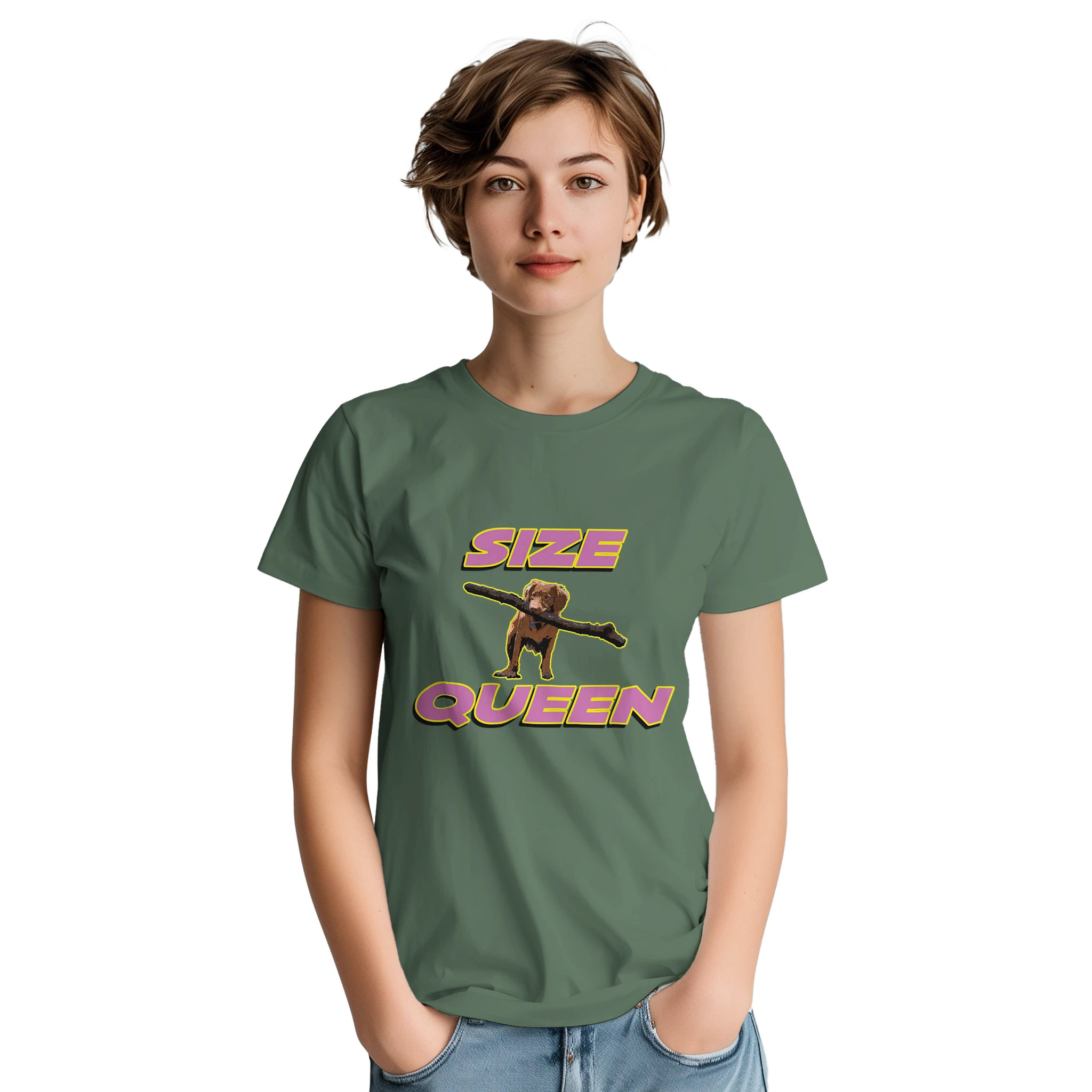 SIZE QUEEN ADULT NOVELTY TSHIRT MILITARY GREEN