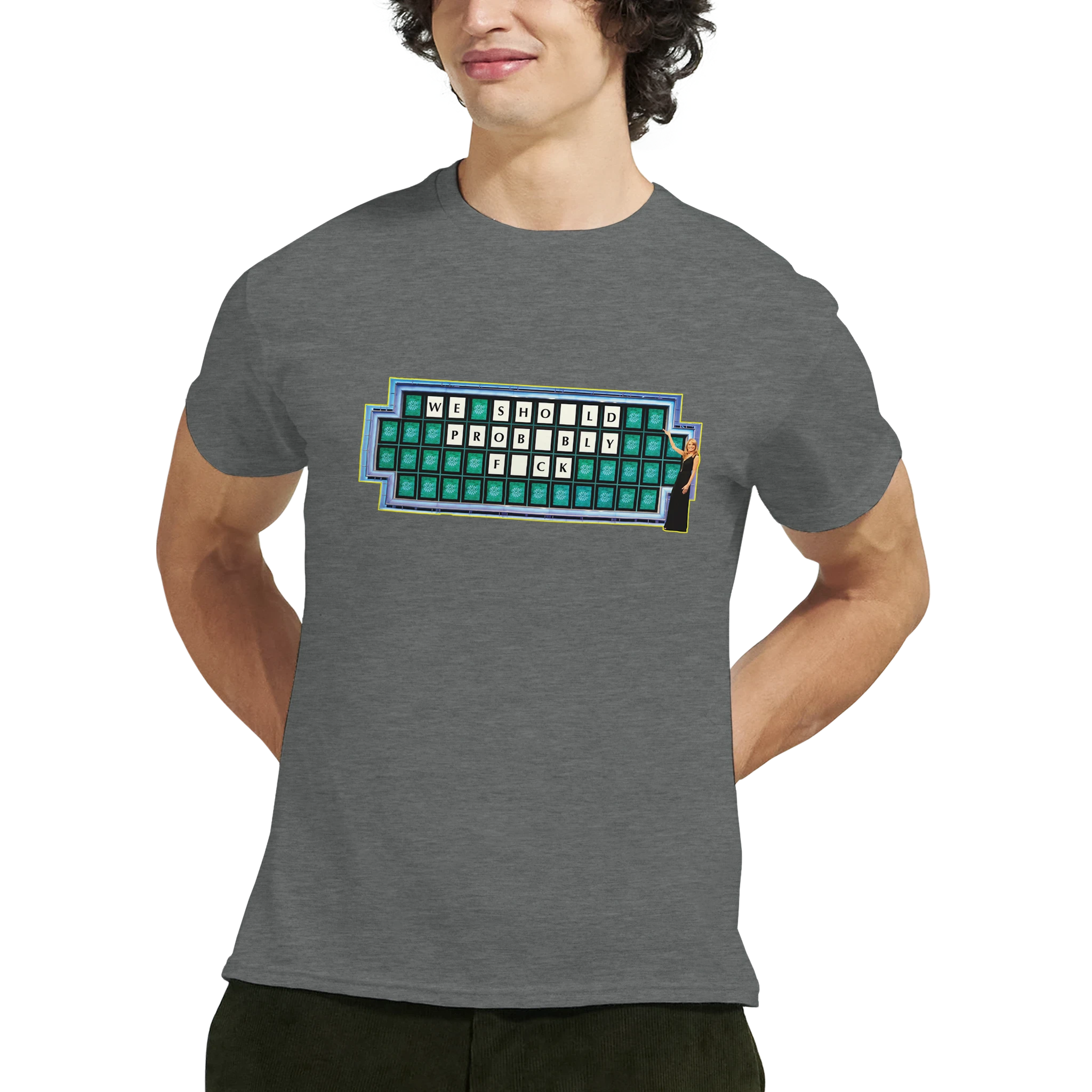 WE SHOULD PROBABLY FUCK ADULTY NOVELTY MEME TSHIRT GRAPHITE HEATHER