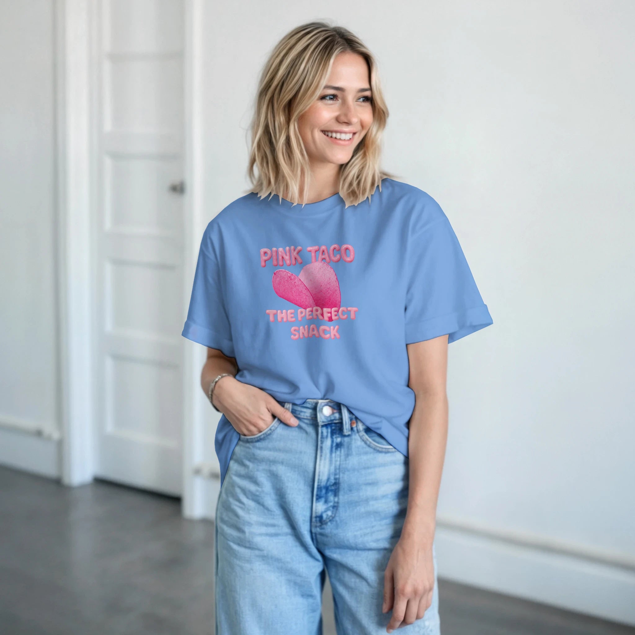 adult novelty tshirt pink taco light blue